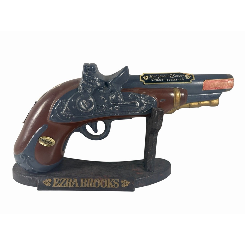 Collectible Ezra Brooks Pistol Shaped Whiskey Bottle on Display Stand (Empty)